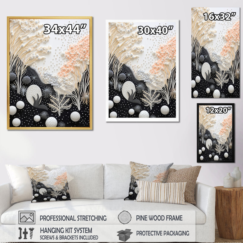 Abstrait corail noir et blanc abstrait I sur toile, Cadre flottant noir, H 44 po x l 34 po