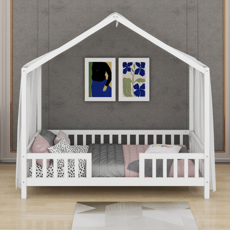 Twin Bed Frame With High Railings, Twin, White