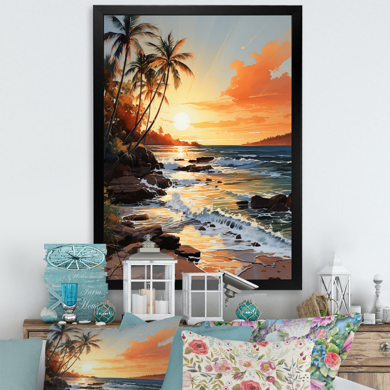 «Beachside Sunset» sur toile, Cadre noir, H 32 po x l 24 po x P 1 po