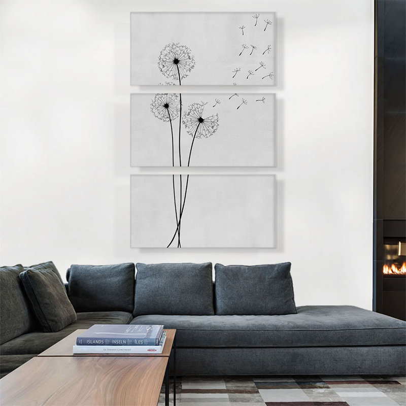 Dandelion Grey Black - 3 pièces, reproduction d'art sur toile tendue, H 60 po x l 40po x P 1,5 po