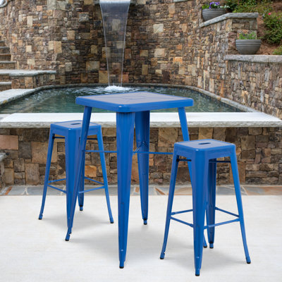 Gyeong 23.75'' Square Metal Indoor-Outdoor Bar Table Set with 2 Square Seat Stools