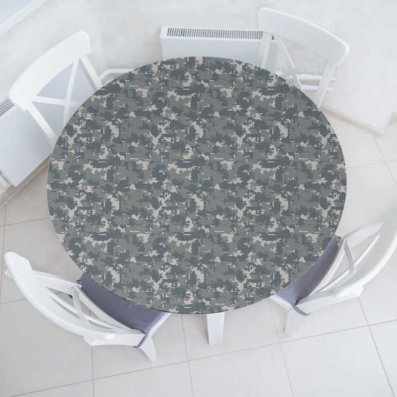 Ebern Designs Camouflage Fitted Round Tablecloth Diameter Blue Grey White
