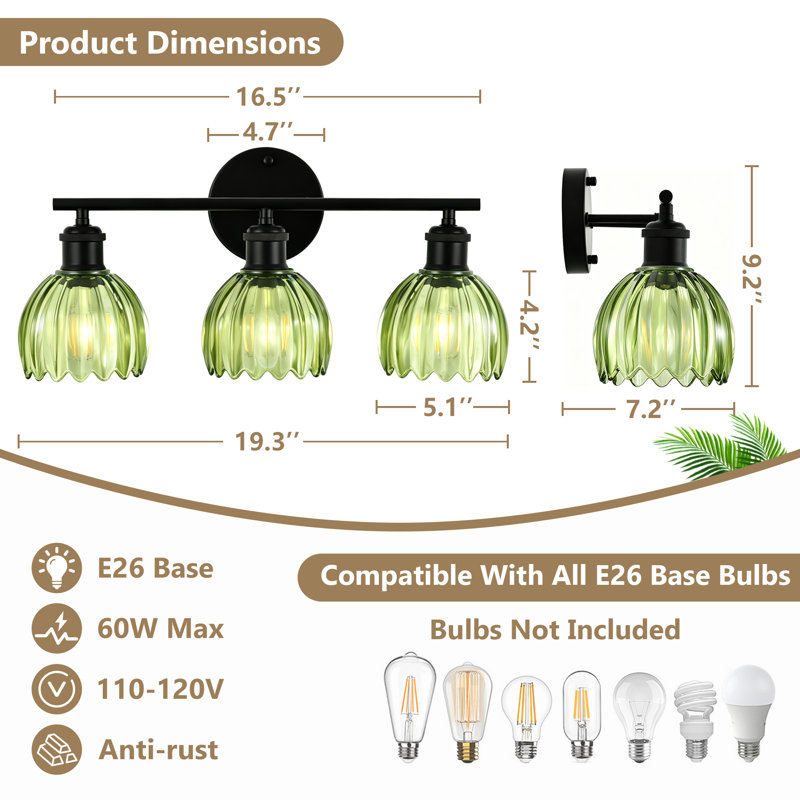 19.3 Inch 3-light Vanity Light Fixtures In Matte Black With Green Tulip Glass Shades, Modern Bathroom Wall Lighting, 3