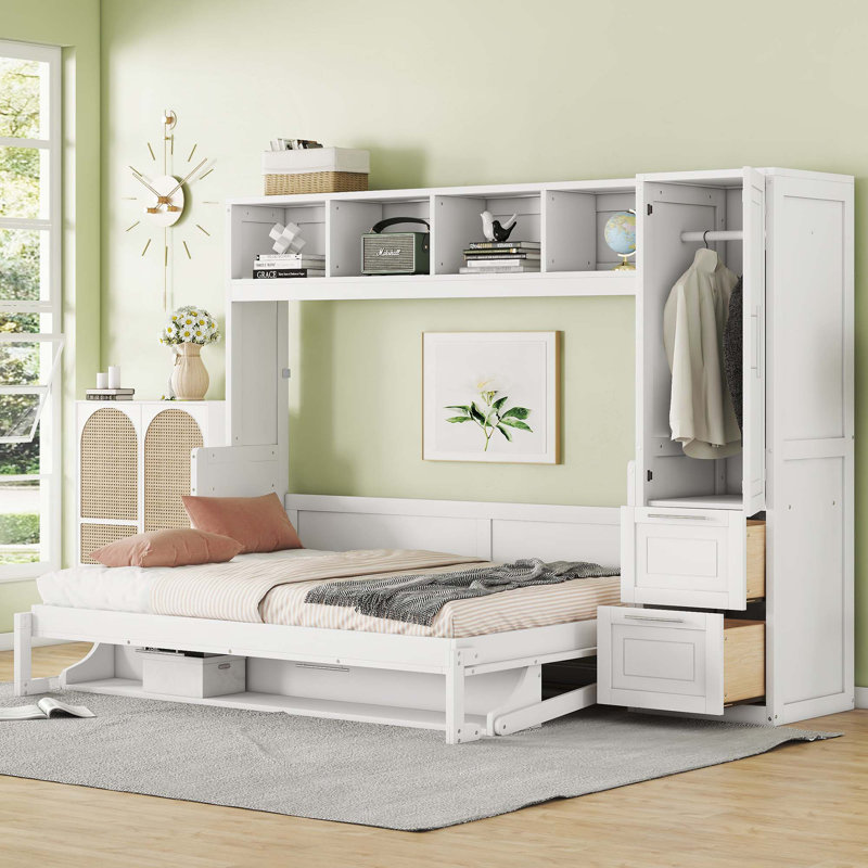 Lit escamotable mural avec placard et tiroirs Murphy, Double, Blanc