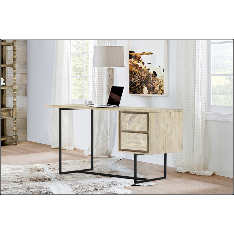 Bureau en bois d'acacia à 2 tiroirs avec rangement spacieux Yaluna, parfait pour les bureaux à la maison modernes et élégants