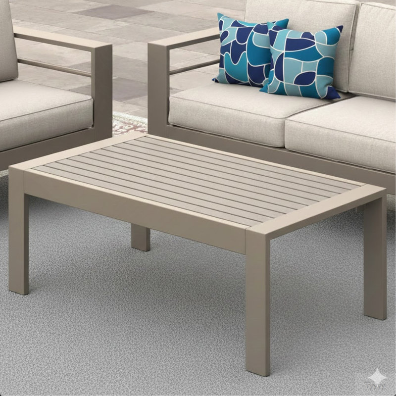 43" X 24" All-Weather Metal Outdoor Coffee Table With Wood-Look Top And Khaki Frame, Khaki