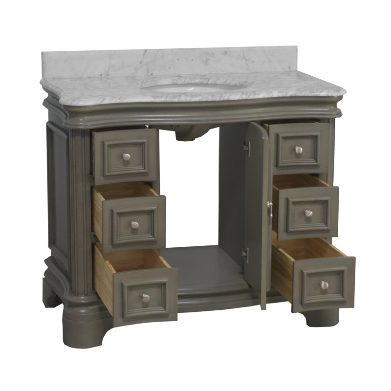 Ensemble de meuble-lavabo simple 42 po Amorim avec comptoir gris vieilli et comptoir en marbre de Carrare, Gris patiné