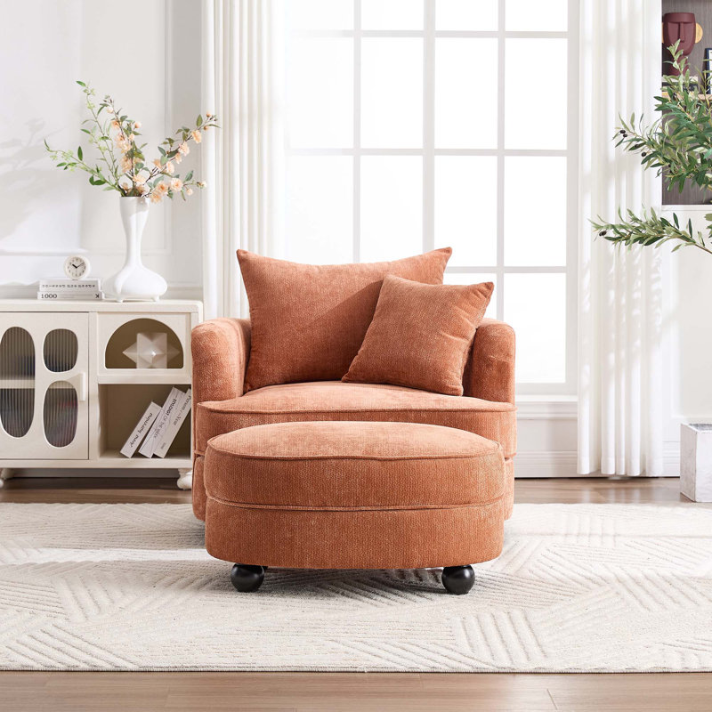 Fauteuil d'appoint 40,2 po en chenille moderne, fauteuil de lecture confortable avec repose-pieds avec rangement, Orange