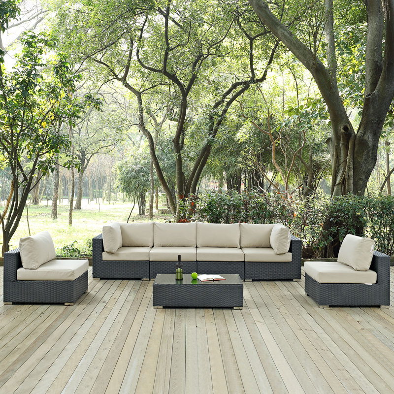 Modway Stopover 7 Piece Outdoor Patio Sectional Set, Antique Beige Sunbrella® Canvas