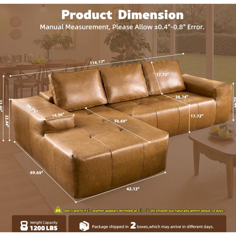 Similicuir brun désossé en forme de L modulaire, sans assemblage, mousse à mémoire de forme douce, 3 sièges, moderne Mid-Century, dossier coussiné avec méridienne, désossé, assise moelleuse,
