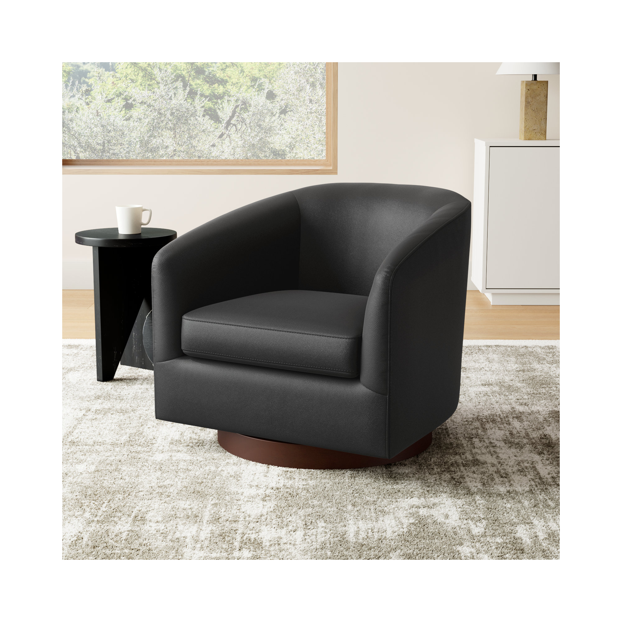 Bennett Vegan  Leather Swivel Barrel Chair, Charming Black Vegan Leather
