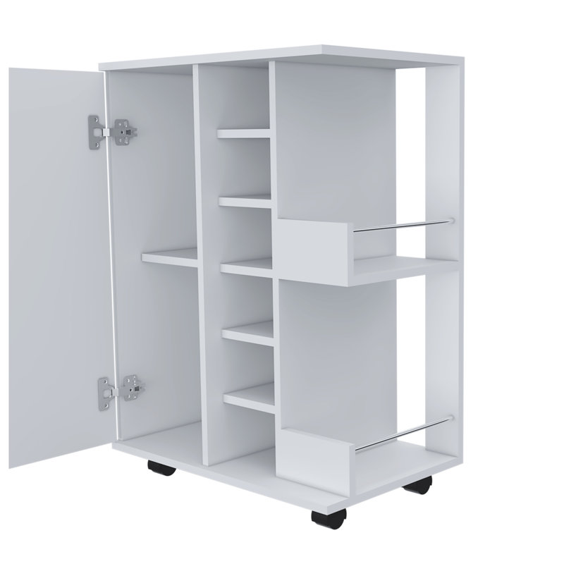 Chariot-bar moderne Tennessee avec armoire fermée et casiers à vin, unité de rangement en panneau de particules blanc