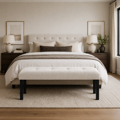Modern Tufted Linen Dining Bench, Farmhouse Upholstered Entryway Bench with Black Rubber Wood Legs, Versatile for Kitchen, Bedroom, Hallway, Beige
