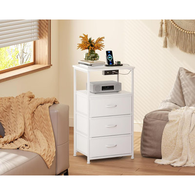 Modern Nightstand Set With LED Lights, Charging Station, And Fabric Drawers, Bedside Table With Open Shelf For Bedroom