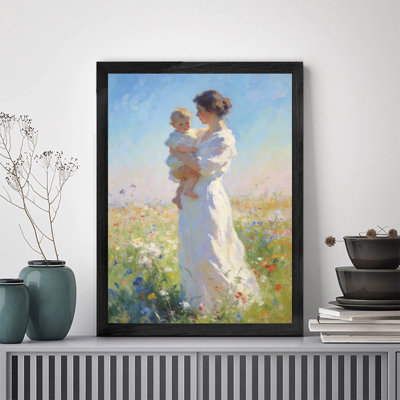 Minimalist Black Framed Artwork Ready to Hang Woman Holding Baby Field with Sleek Black Wood Frame, Modern Home Decor Wall Decoration for Office Kitchen