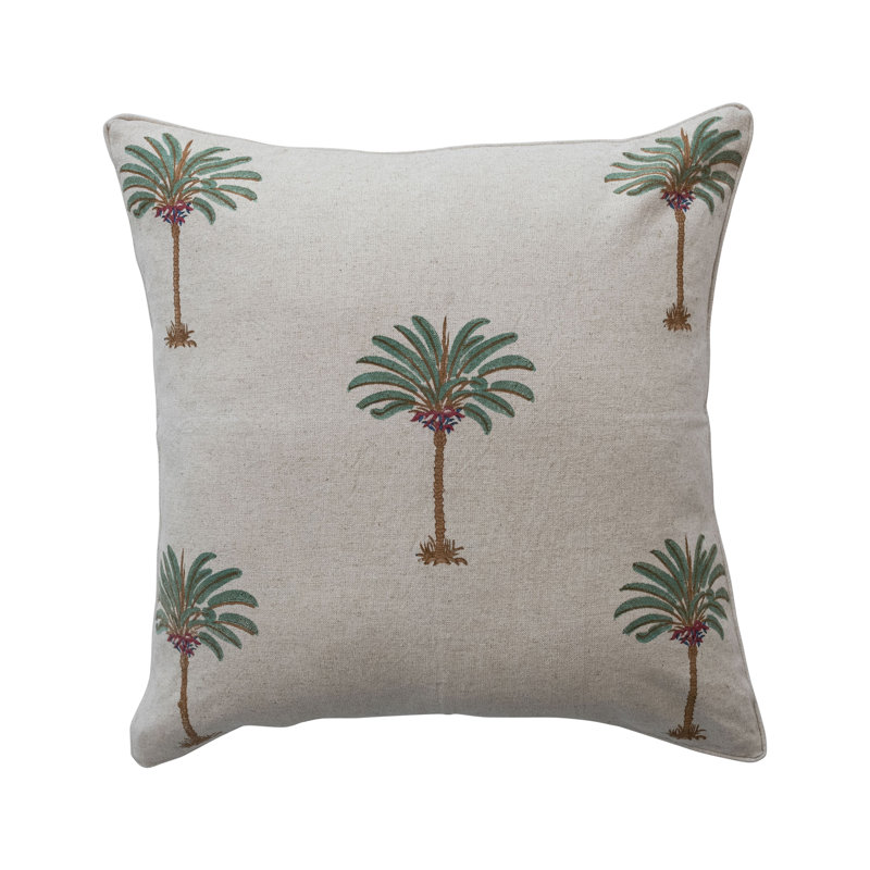 Cotton Linen Blend Block Printed Pillow With Palm Trees