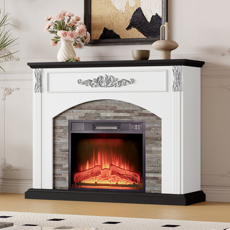 44" Farmhouse Electric Fireplace With Heater Insert & Mantel - Rustic For Living Room, White