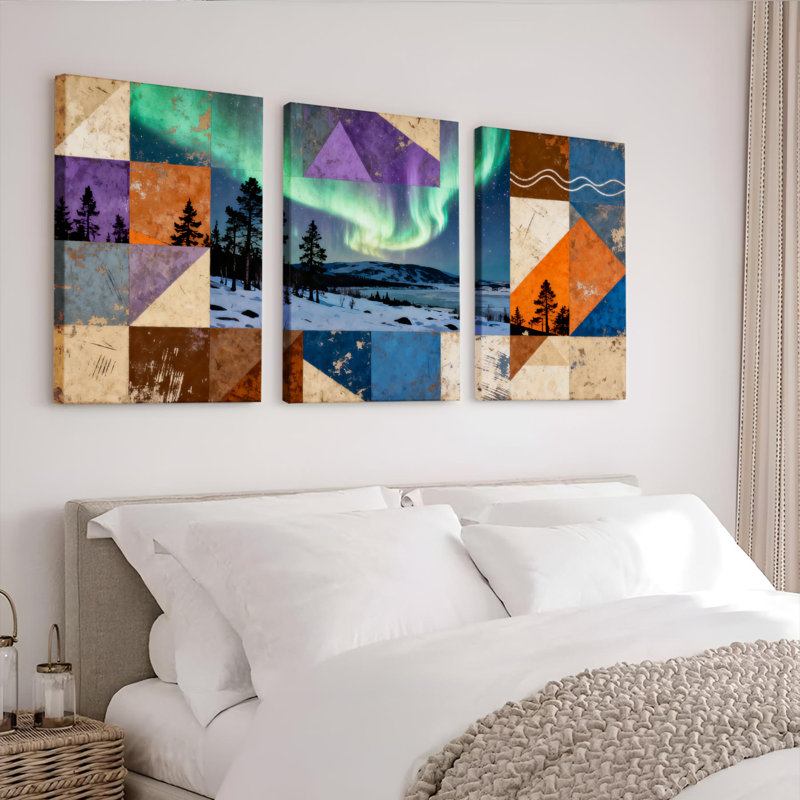 Tableau abstrait géométrique sur toile tendue, représentant un paysage d'aurores boréales (ensemble de 3), H 36 po x l 72 po