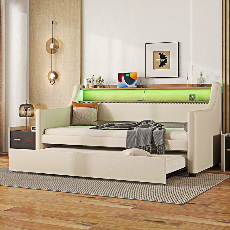 Upholstered Daybed With Trundle And Charging Station, Beige