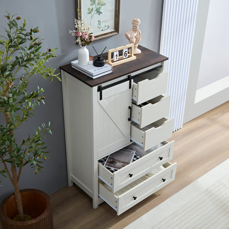 Commode de ferme 48 "avec porte de grange coulissante - Commode à 5 tiroirs pour chambre à coucher, Crème, crème
