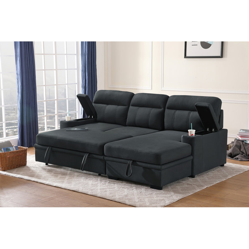 Canapé-lit modulaire en microfibre poli noir de 93 po avec méridienne Kaden