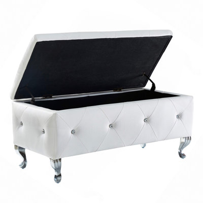 Upholstered Storage Ottoman Bench For Bedroom End Of Bed Faux Leather Rectangular Storage Benches Footrest With Crystal Buttons For Living Room Entryway