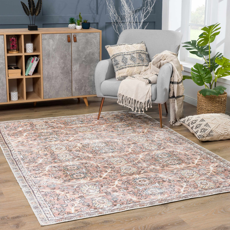 Tapis oriental rectangulaire en polyester tissé à la machine en brun, Rectangle 6 pi 7 po x 9 pi