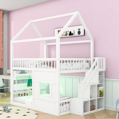 Wooden Bunk Bed with Built-in LED and Sturdy Stairs