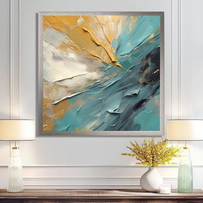 Joy of Peace, peinture abstraite or bleu clair - Art abstrait