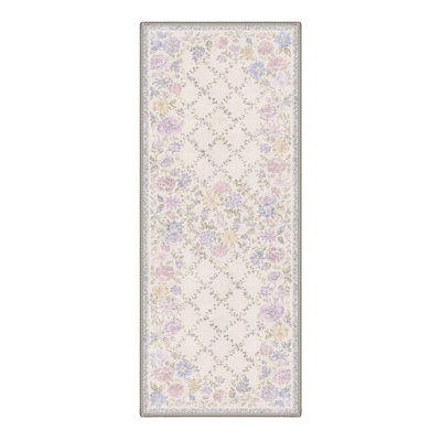 Machine Washable Floral Ivory / Lavender Hallway Runner With Non-Slip Backing