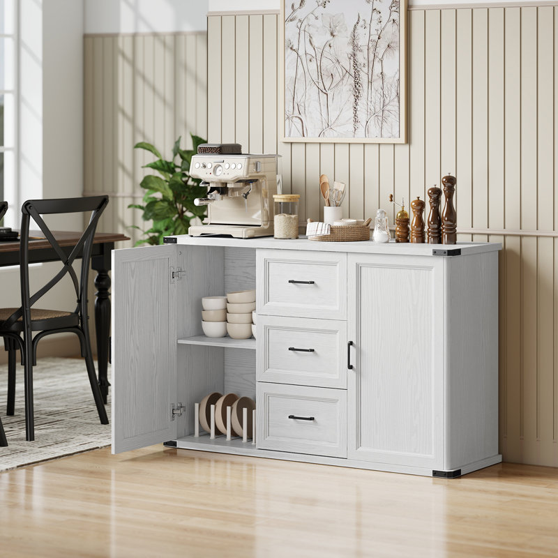 Buffet buffet à 3 tiroirs et 2 portes grain de bois blanc, Grain de bois blanc