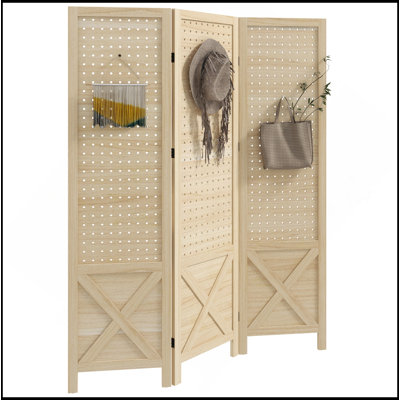 Paravent 3 panneaux perforés, écran d'intimité pliable portatif en bois de 4,7 pi de hauteur, cloison de séparation pour bureau personnel, naturel