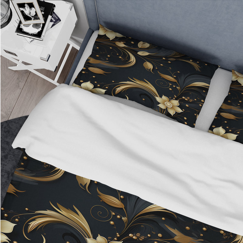 Ensemble de housse de couette noir et or Intrigue Elegance I, Housse de couette pour grand lit et 2 taies décor