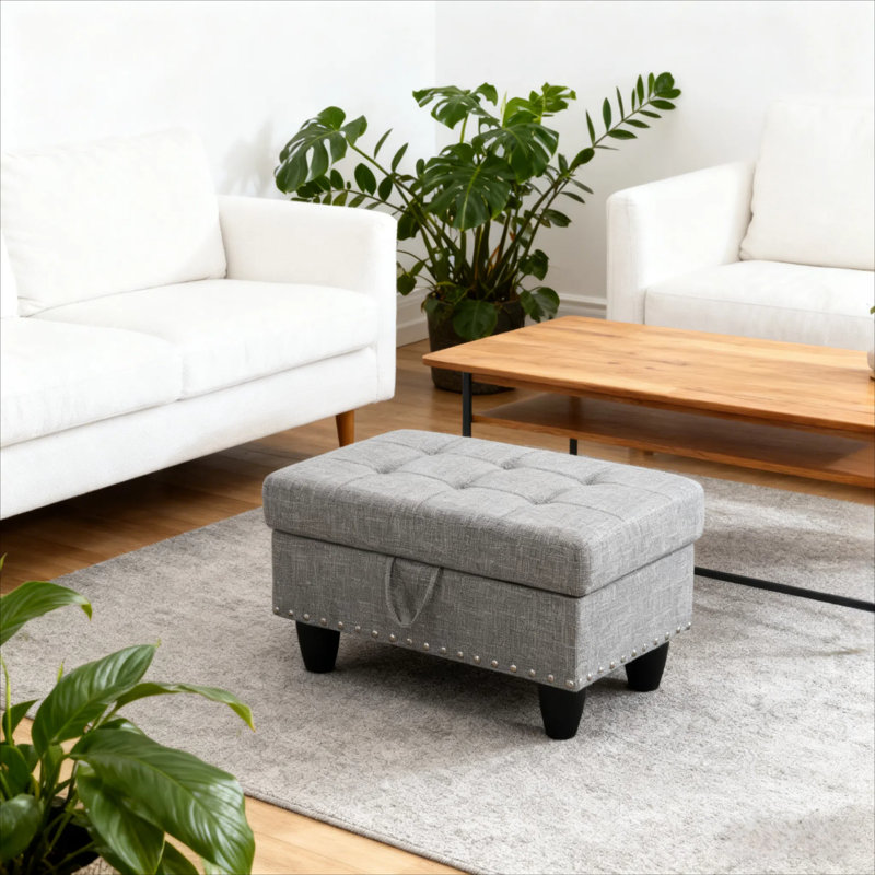 28.5" Tufted Linen Fabric Storage Ottoman Bench，Footstool With Nailhead Trim，Multi-Functional Ottoman For Living Room, Bedroom, Entryway