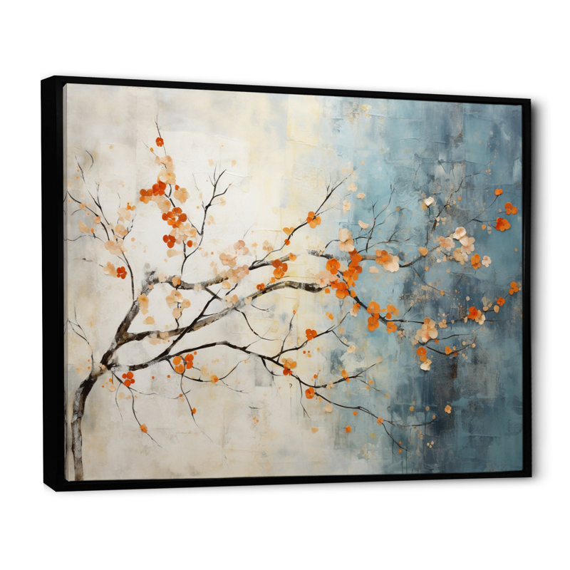 Orange, bleu sarcelle, érable, incandescent V - art mural érable, Cadre flottant noir, H 34 po x l 44 po x P 1,5 po