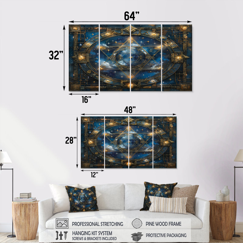 Mystic Merkaba Blue Seal - Art mural abstrait sur toile, 4 pièces, H 28 po x l 48 po
