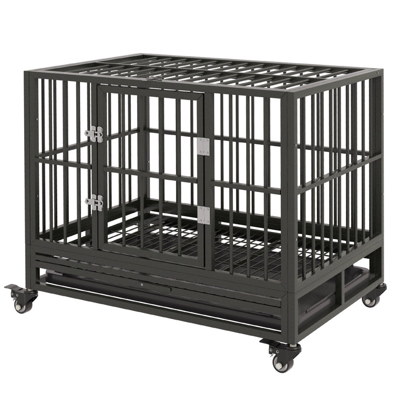 Cage pour chien 37 po en métal robuste avec roues verrouillables, porte double et plateau amovible, gris