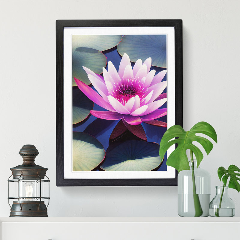 Water Lily Flower Art Vol.1 - Single Picture Frame Print, 46cm H x 34cm W x 2cm D, Walnut