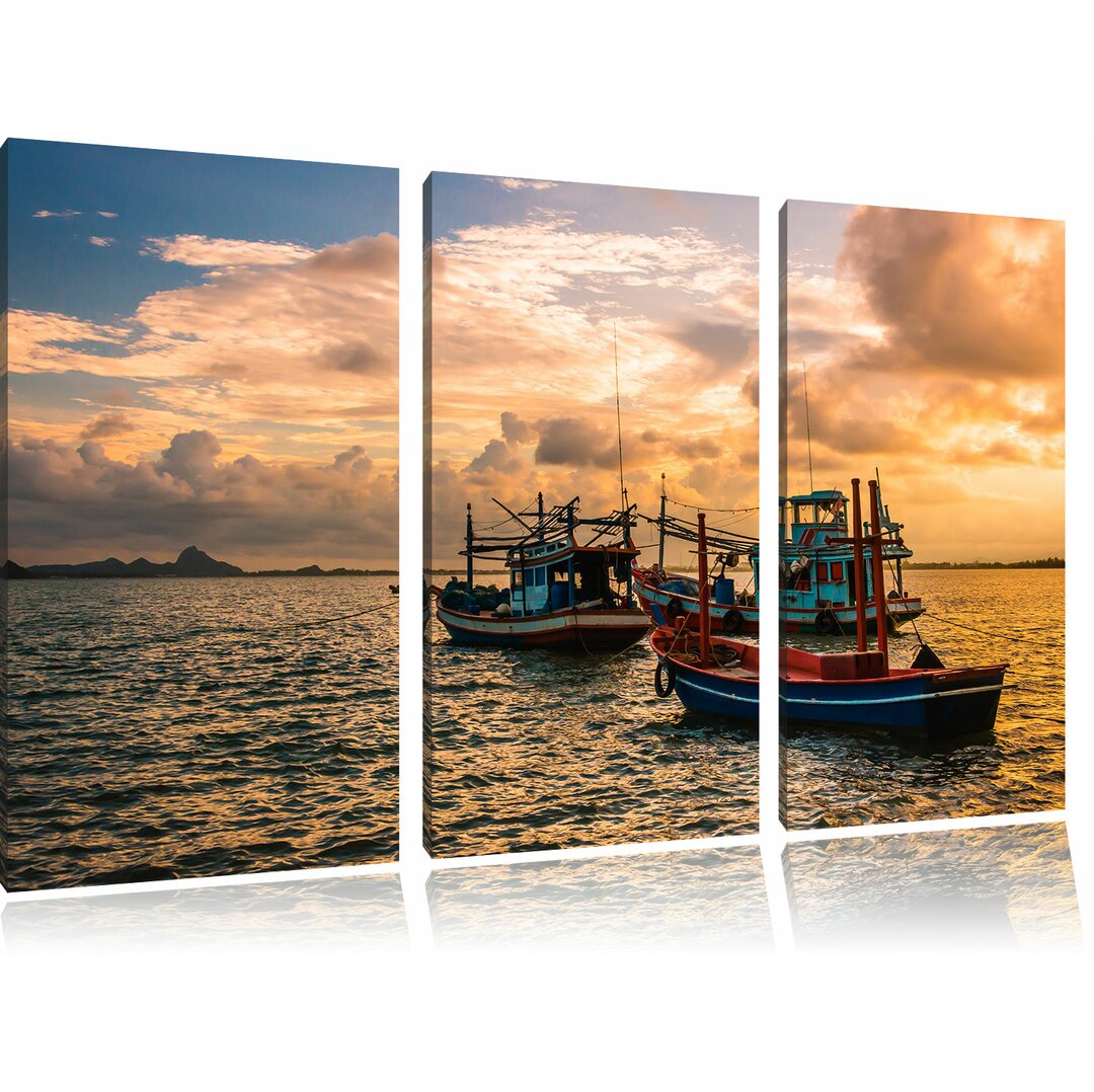 3-tlg. Leinwandbilder-Set Thailändische Fischerboote im Meer, Fotodruck