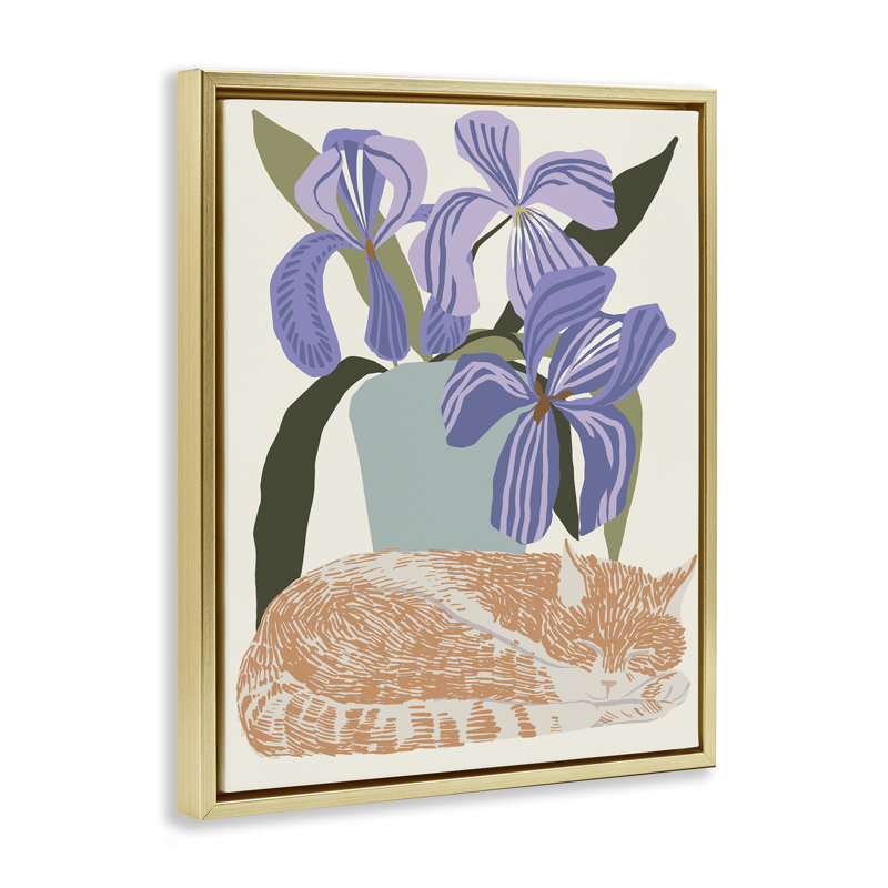 Cadre flottant Modern Cat & Iris Plant, design par Hannah Beisang, H 21 po x l 17 po, Cadre flottant métallique doré