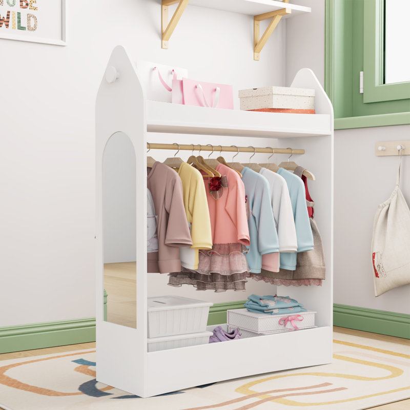 Kids Wardrobe Closet with Mirror and Storage Space, Open Hanging Armoire Closet, White
