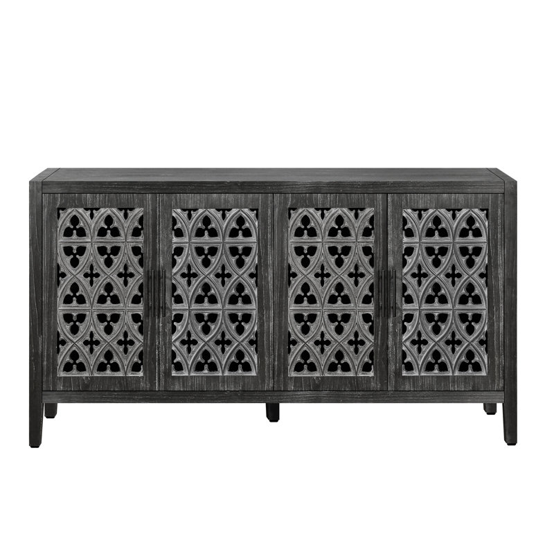 Armoire de rangement 4 portes avec motif floral symétrique - finition antique pour le salon et le meuble télé réglable