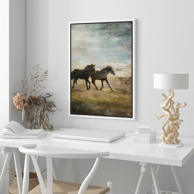 «Wild Horses Runing Rustic Western Landscape», reproduction d'art sur toile encadrée dans la chambre principale, Blanc