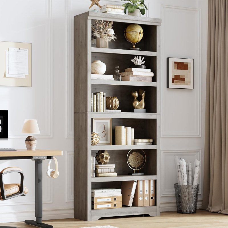 75" 6-Tier Farmhouse Bookcase with Adjustable Shelves, Open Display Storage Bookshelf for Home Office, Living Room, Study or Balcony