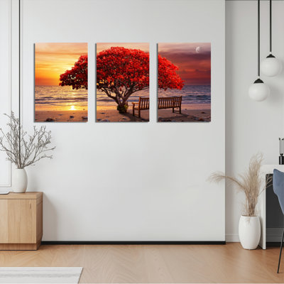 Arbre rouge, coucher de soleil, scène de plage, toile tendue sur toile, ensemble de 3 reproductions de peinture à l'huile pour salon
