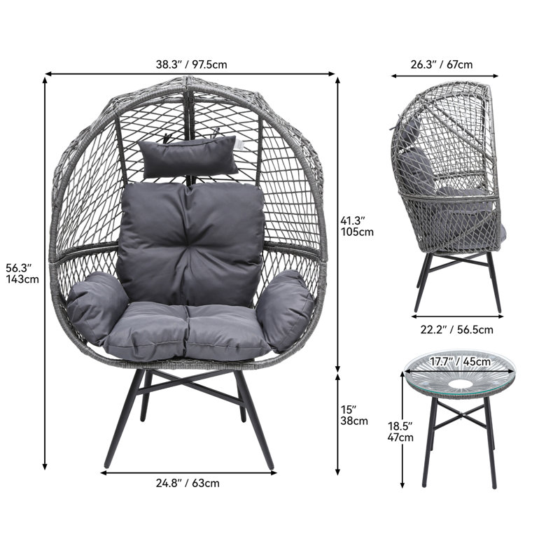 Wicker Teardrop Egg Chair with End Table Outdoor Indoor, Gray