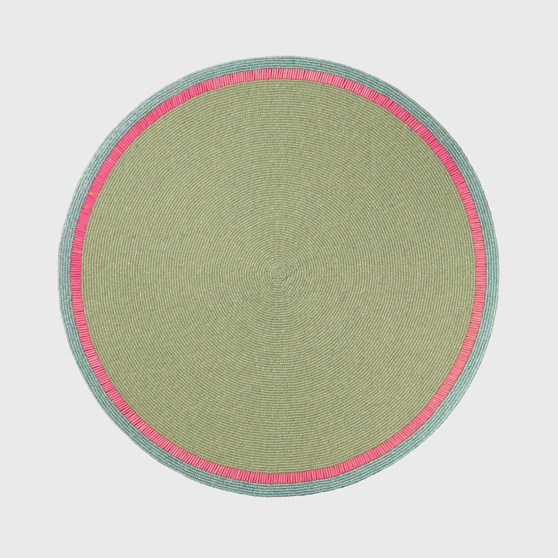 100% Cotton Round Beaded Placemat, Pink/Sea Foam