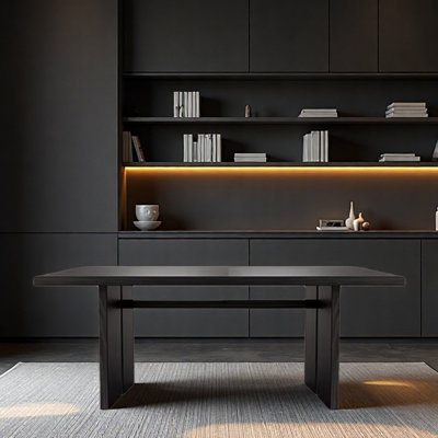 Black minimalist solid wood long desk for office
