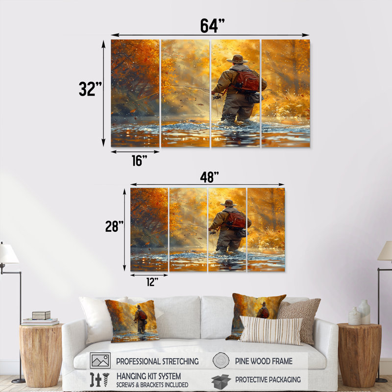 Autumn River Fishing - Chasse et pêche, ensemble de salon d'art mural, H 32 po x l 64 po