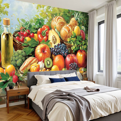 Peel and Stick Wallpaper Food Fruit Dining Brown Various Fruit Table Picture Print Living Room Wall Murals 100"H x 144"W Removable PVC Wall Paper Self-Adhesive Wall Decor for Bedroom Living Room Home Office